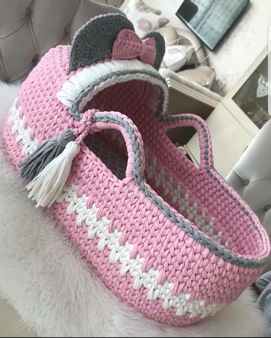  Beautiful Baby Moses Basket, Crochet Bassinet, Nursery Decor, Newborn Cot