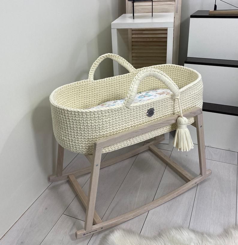 Green Baby bassinet Moses basket with stand Handmade cradle Crochet newborn  crib